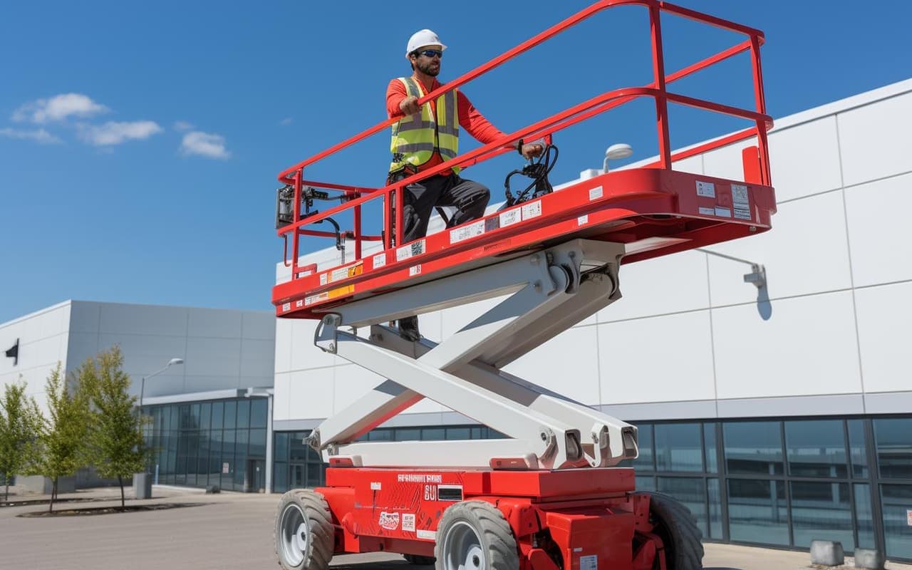 Monteur bedient een hoogwerker langs een gebouw